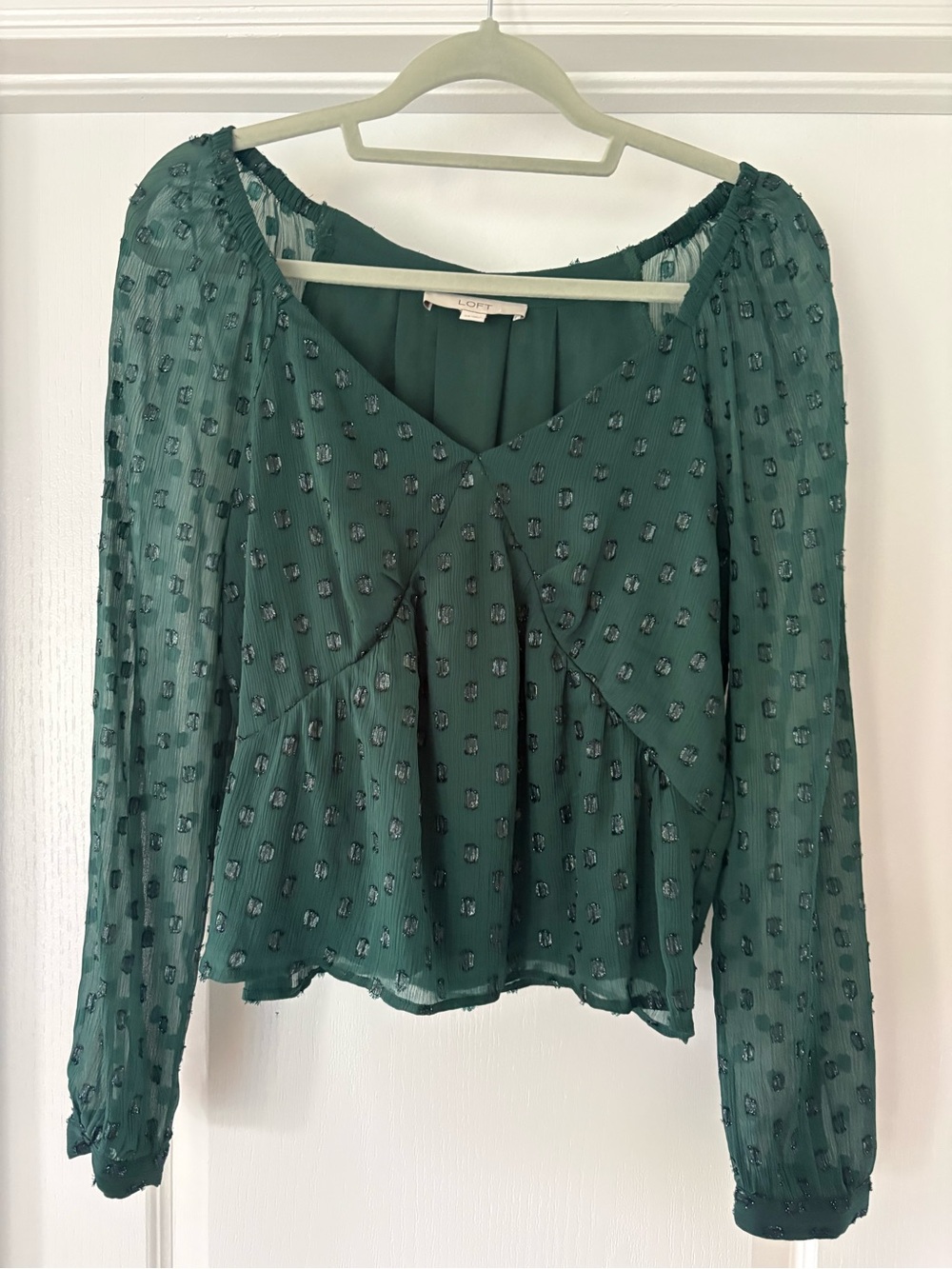 LOFT Green Dotted Peasant Blouse